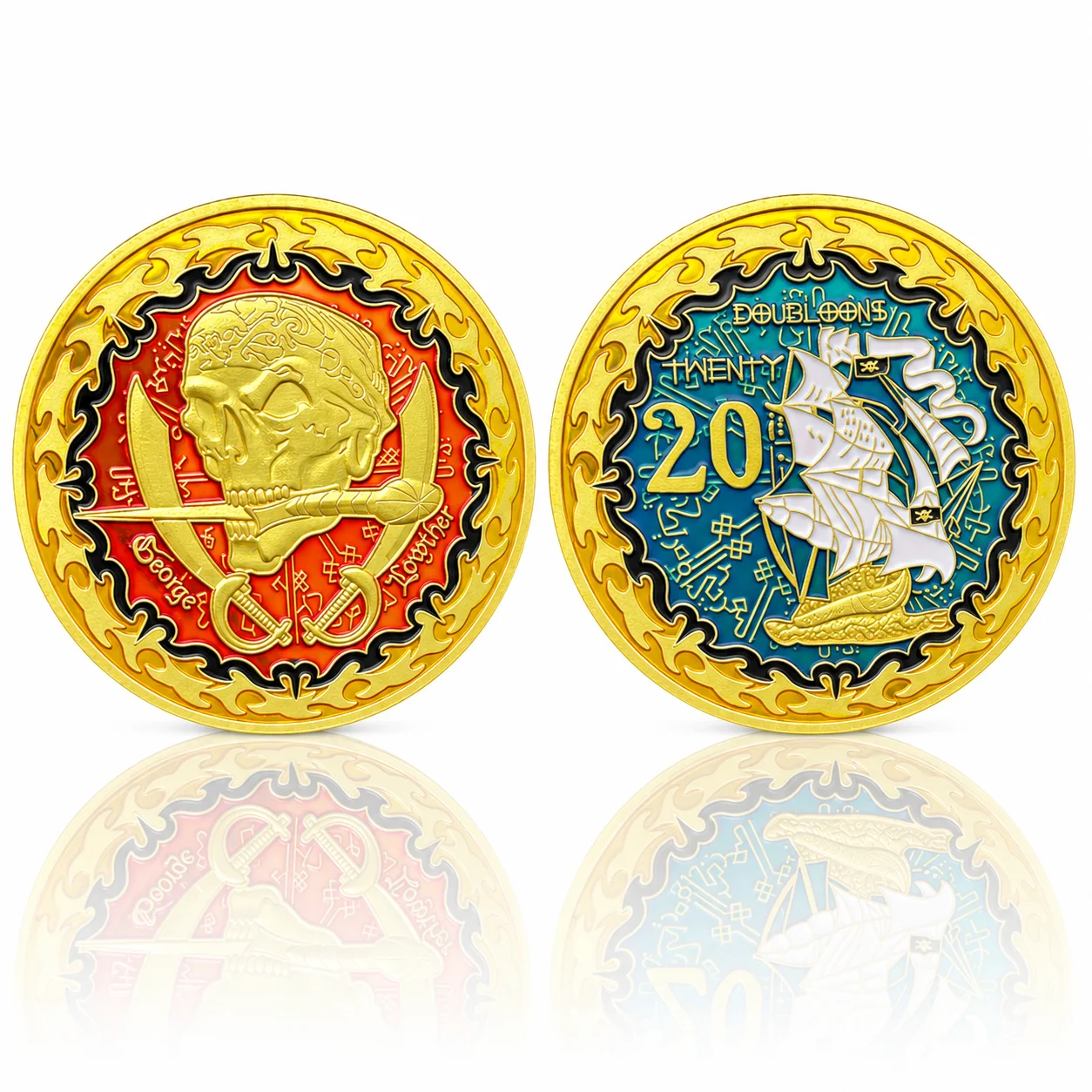 Pirate Skull & Swords Design Gold Plated Collectible Commemorative Coin Vintage Treasure Token 20 Doubloons Badge Nautical Decor