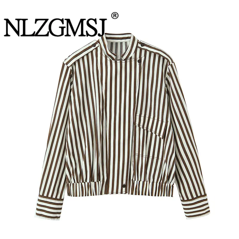 Nlzgmsj 2026 Damen Freizeitshirt Neue Mode Langarm Gestreiftes Hemd Damen Streetwear Stehkragen-Shirt