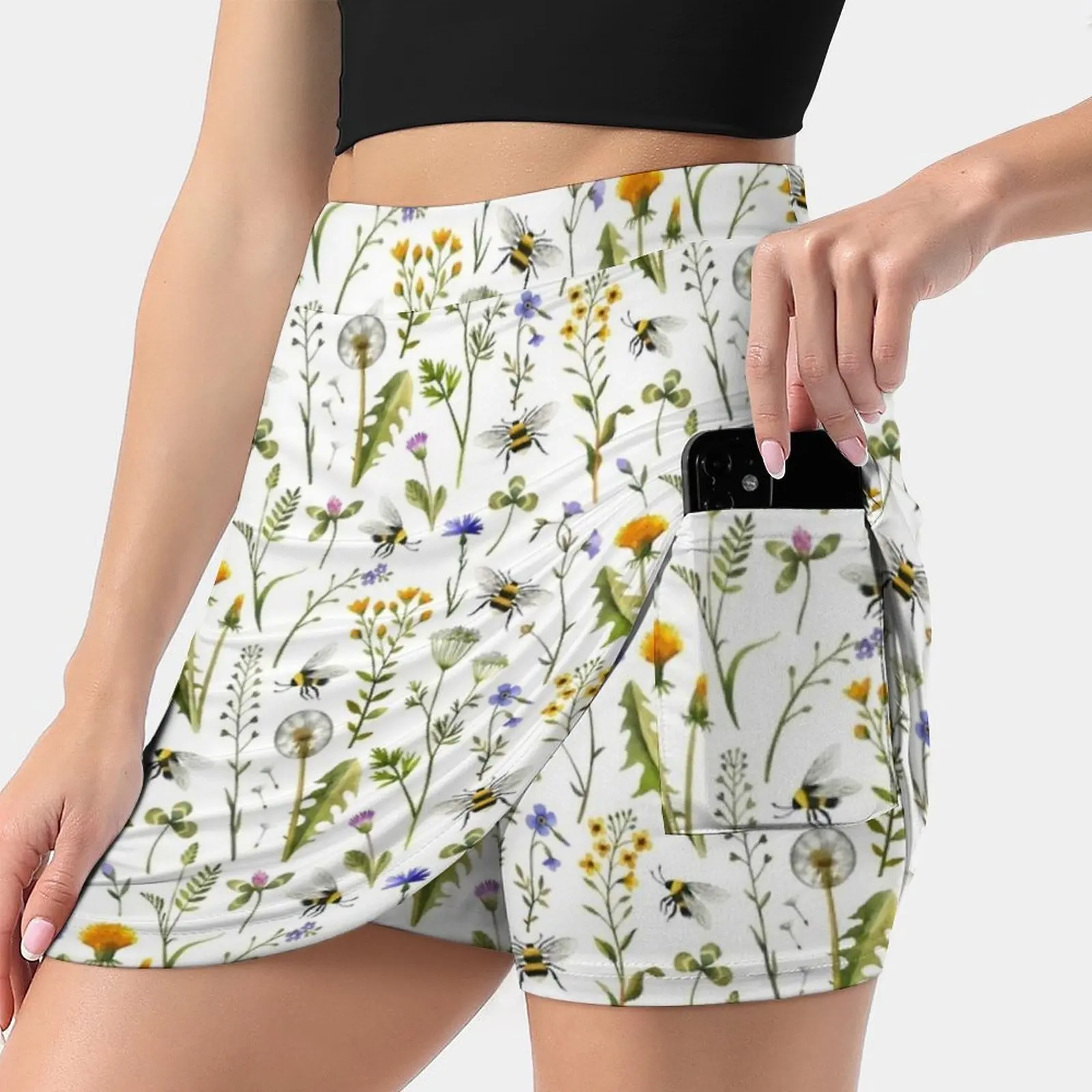 Bees And Wildflowers On White Women's skirt With Hide Pocket Tennis Skirt Golf Skirts Badminton Skirts Running skirts Bee