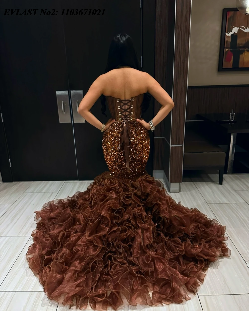 EVLAST Customized Shiny Brown African Prom Dress For Black Girls Ruffles Crystal Beaded Corset Mermaid Formal Party Gown E2P201