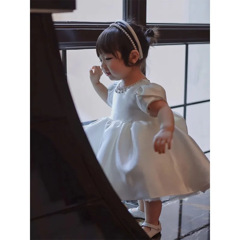 Dress Girl Birthday Princess Dress Versatile Western Style Flower Girl Wedding Little Girl Banquet White Fluffy Dress