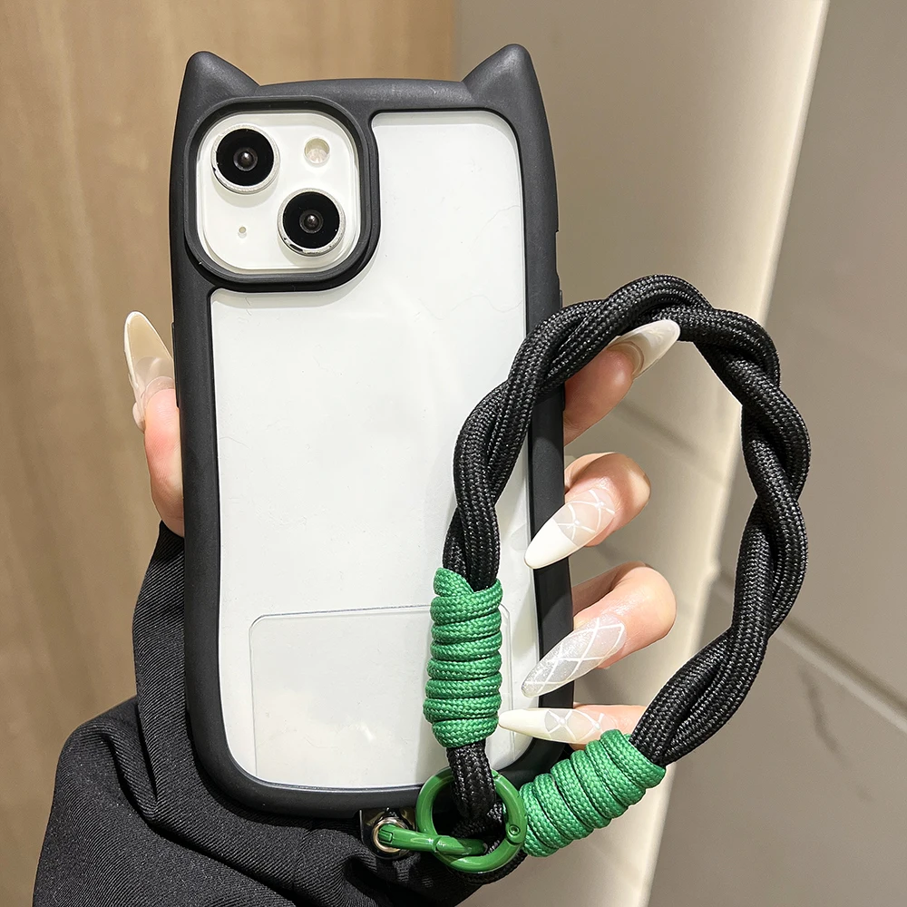 Прозрачный чехол с кошачьими ушками для iPhone 13, чехол для iPhone 15, 16, 17 Pro Max 11, 14, 12, Pro 17, противоударный силиконовый чехол с ремешком на запястье