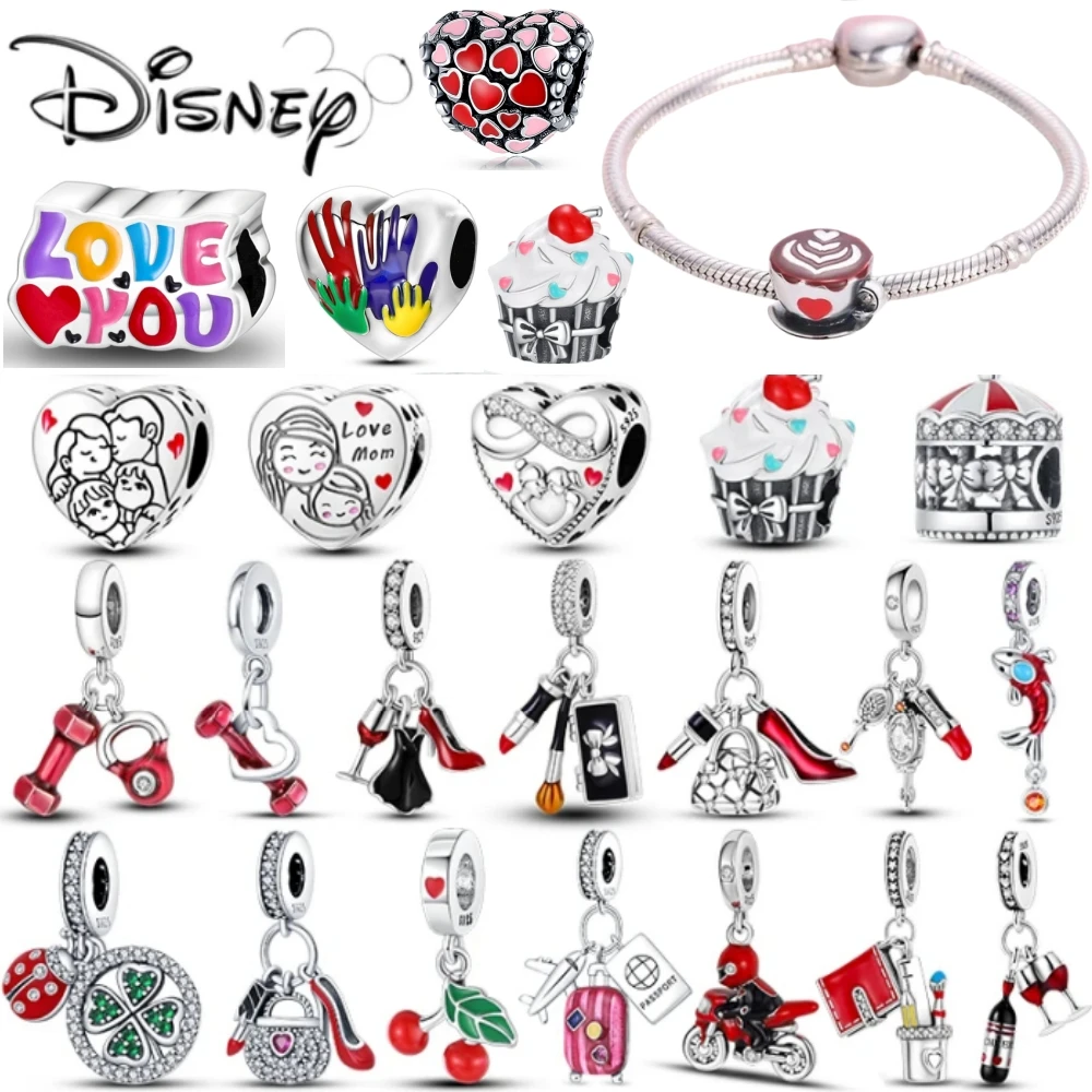 Disney Red Collection Heart shaped Charm Beads Fit Pandora Original Bracelet Lucky Jewelry Gift