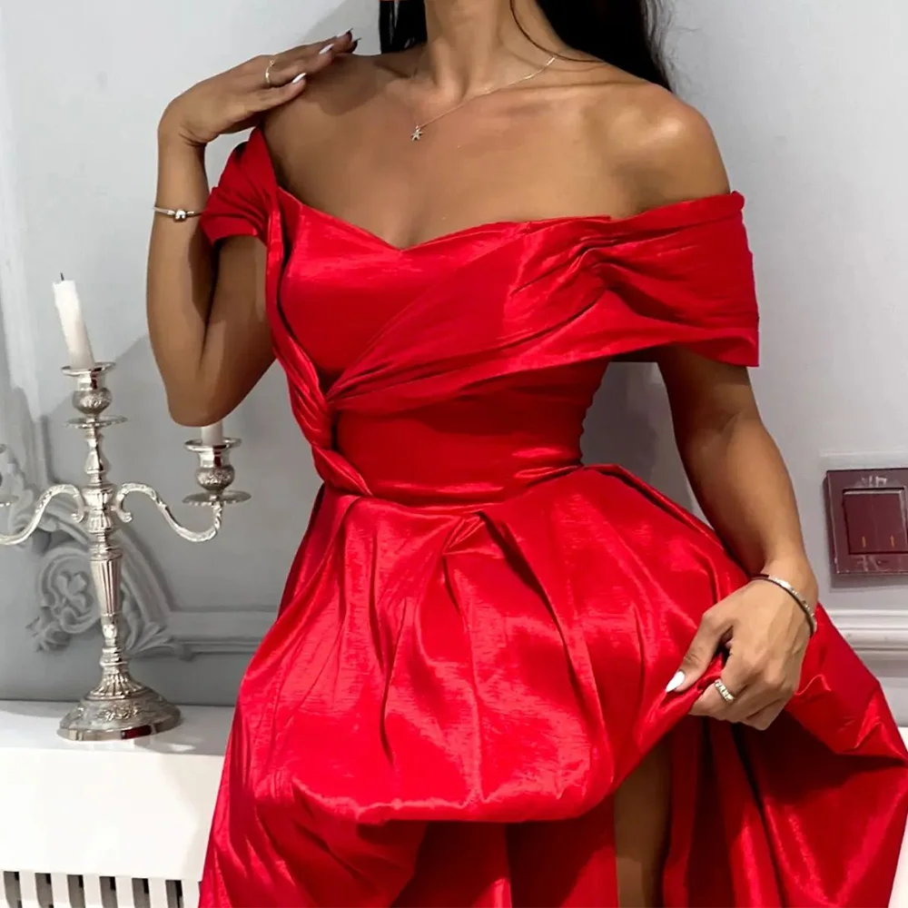 

Strapless Off the Shoulder Short Sleeves Satin Backless A-Line Floor Length Solid Color Elegant Custom Size Evening Dress Woman