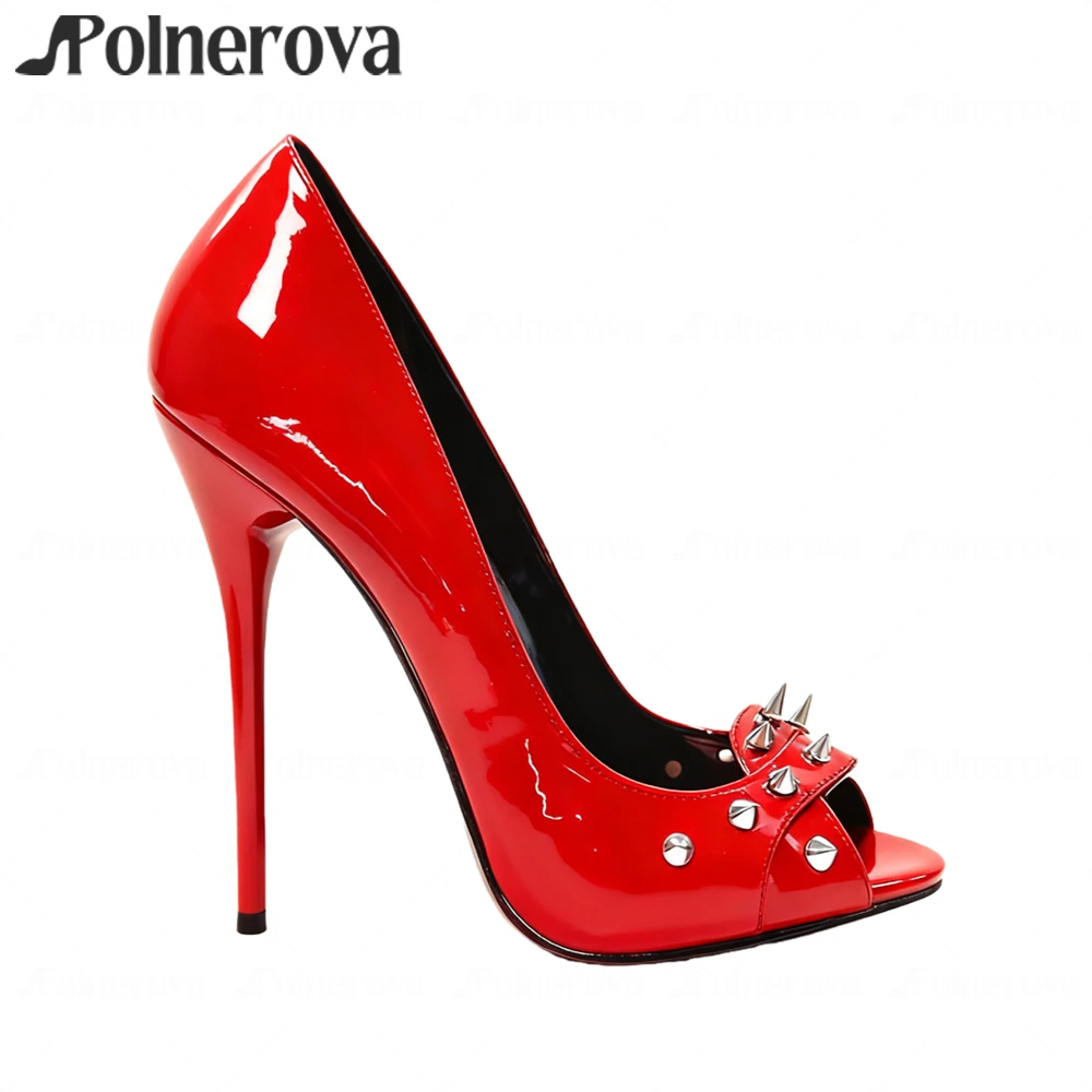 

Туфли-лодочки с открытым носком и шипами 16 см, туфли без шнуровки с металлическими заклепками, пикантные модные стильные настраиваемые разноцветные туфли на высоком каблуке для женщин