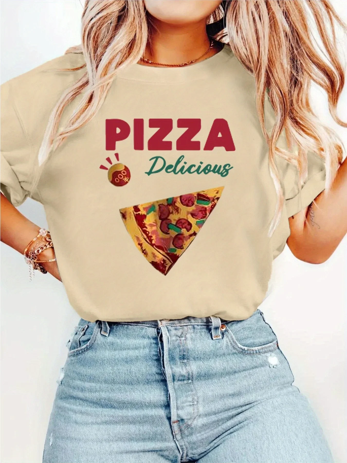 

Women's Casual Crew Neck T-Shirt with "Pizza Delicious" Letter Print, Short Sleeve Knit Top for Summer & Spring,Regular Fit,