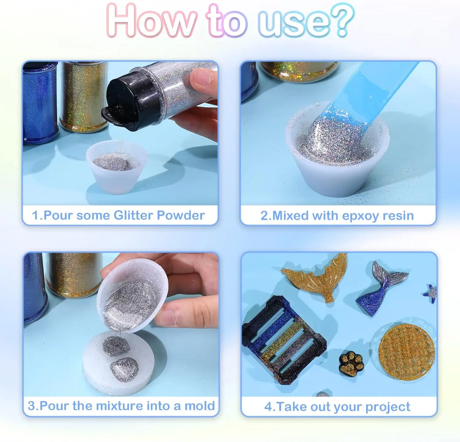 Twee-fles holografisch glitterpoeder metallic hars glitter 1,76 oz (50 g) vlokken ambachten pailletten 1/128" nagel glitter decoratie