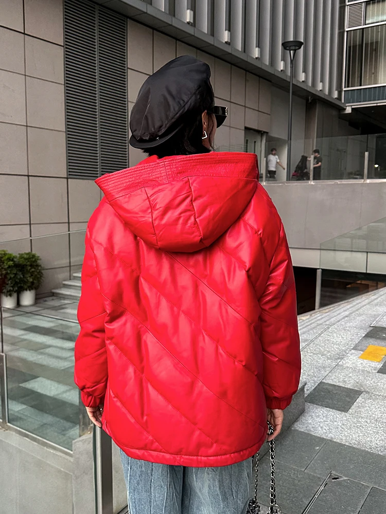 Winter Fashion Women Casual Loose Fit Hooded White Duck Down Jacket Sheepskin Genuine Leather Coat Thick Warm Windproof Overcoat