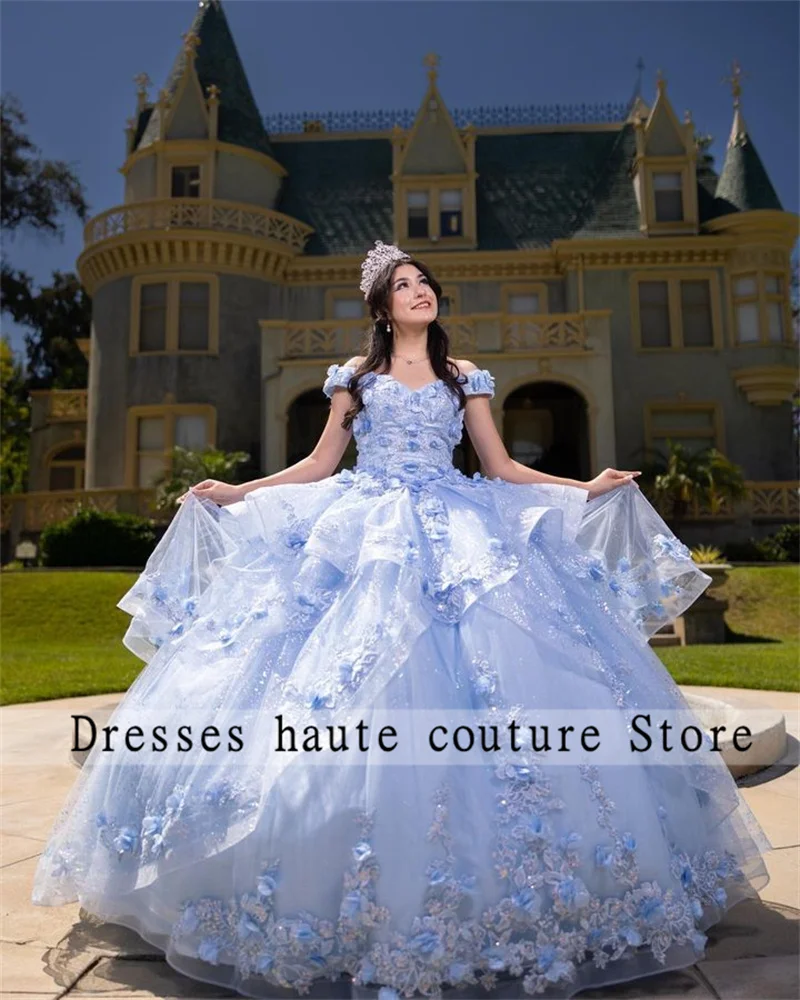 Sky Blue 3D Flower Ball Gown Quinceanera Dresses 2025 Appliques Beaded Ruffles Sweet 16 Dress Vestidos De 15 Años Customized