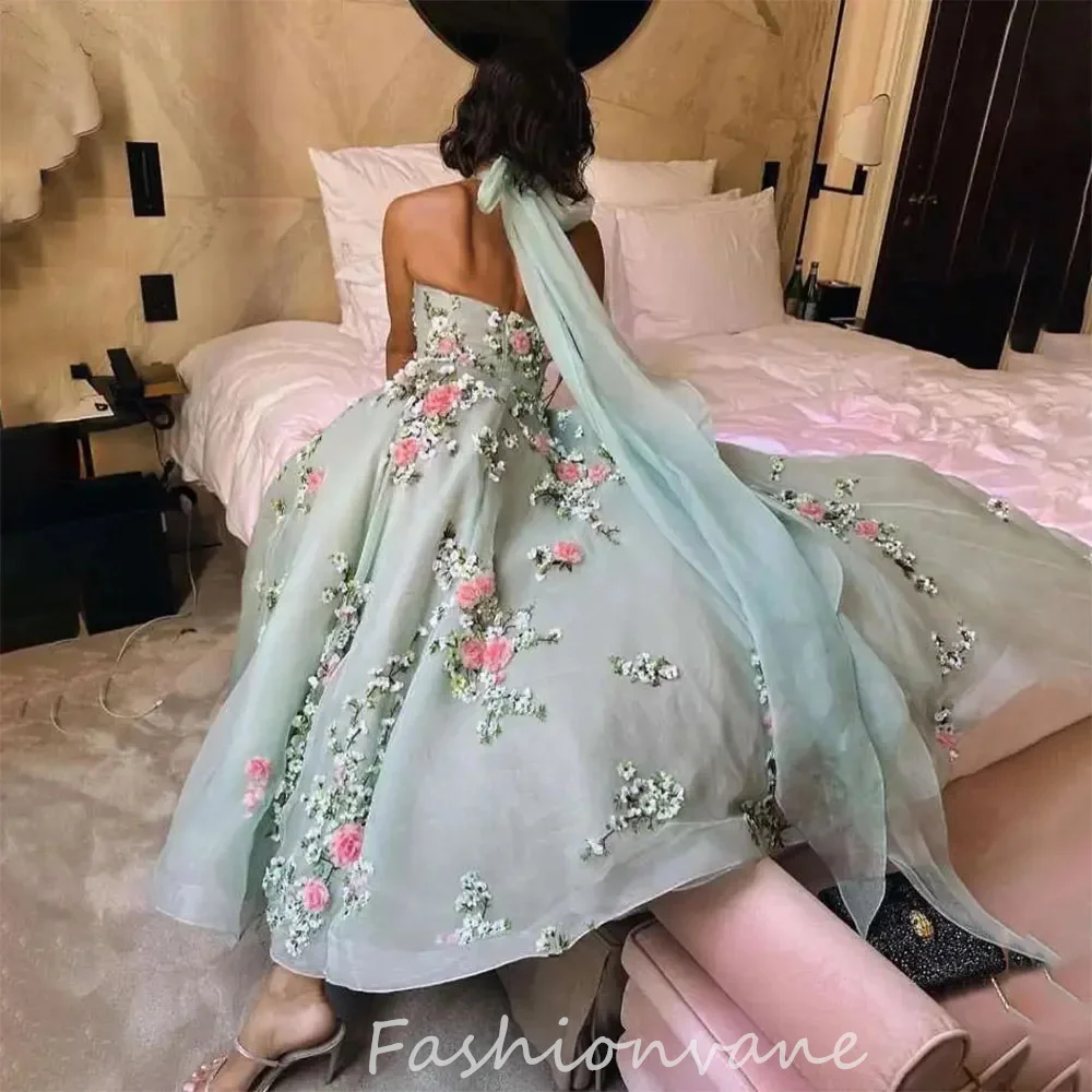 Fashionvane CustomizedOrganza Prom Dresses V Neck Floral Appliques Evening Dress Ruched Halter A Line Formal Occasion Party Gown