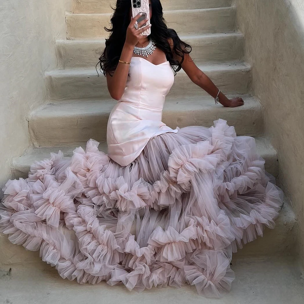 

CustomizedFashion Tulle A-Line Tiered Evening Dress Strapless Sleeveless Floor Length Panel Train Photo Color vestidos para muje