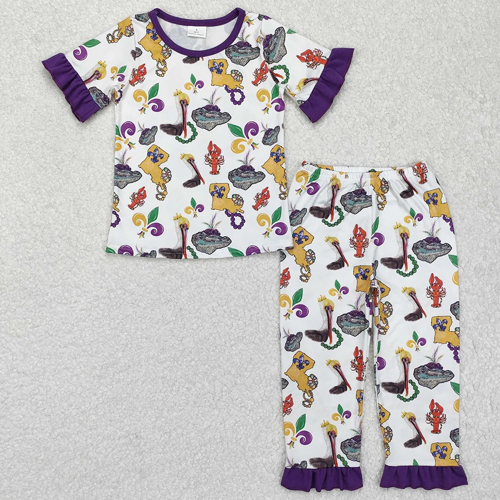 Hot Sale Baby Girls Pajamas Mardi Gras Crawfish Short Sleeve Shirt Pants Sleepwear Clothes Sets Boutique Kids Girls Nightwear