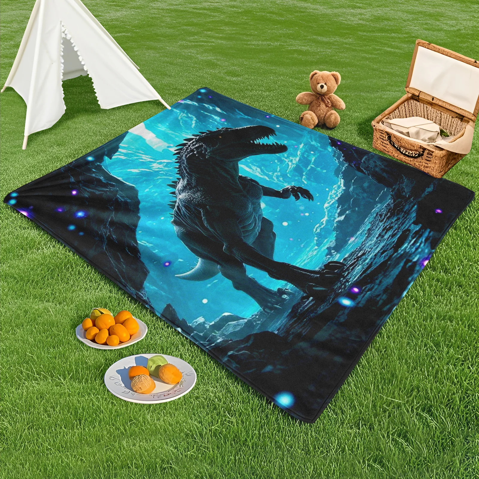 

Coelophysis Dinosaur Fantasy Outdoor Blanket Featuring Mystical Canyon Scene For Hiking And Nature Escapes
