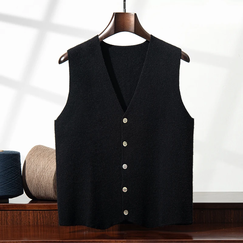 

Autumn Winter Thickened 100% Pure Cashmere Cardigan Vest Men's V-Neck Knitted Waistcoat Business Loose Base Layer Vest