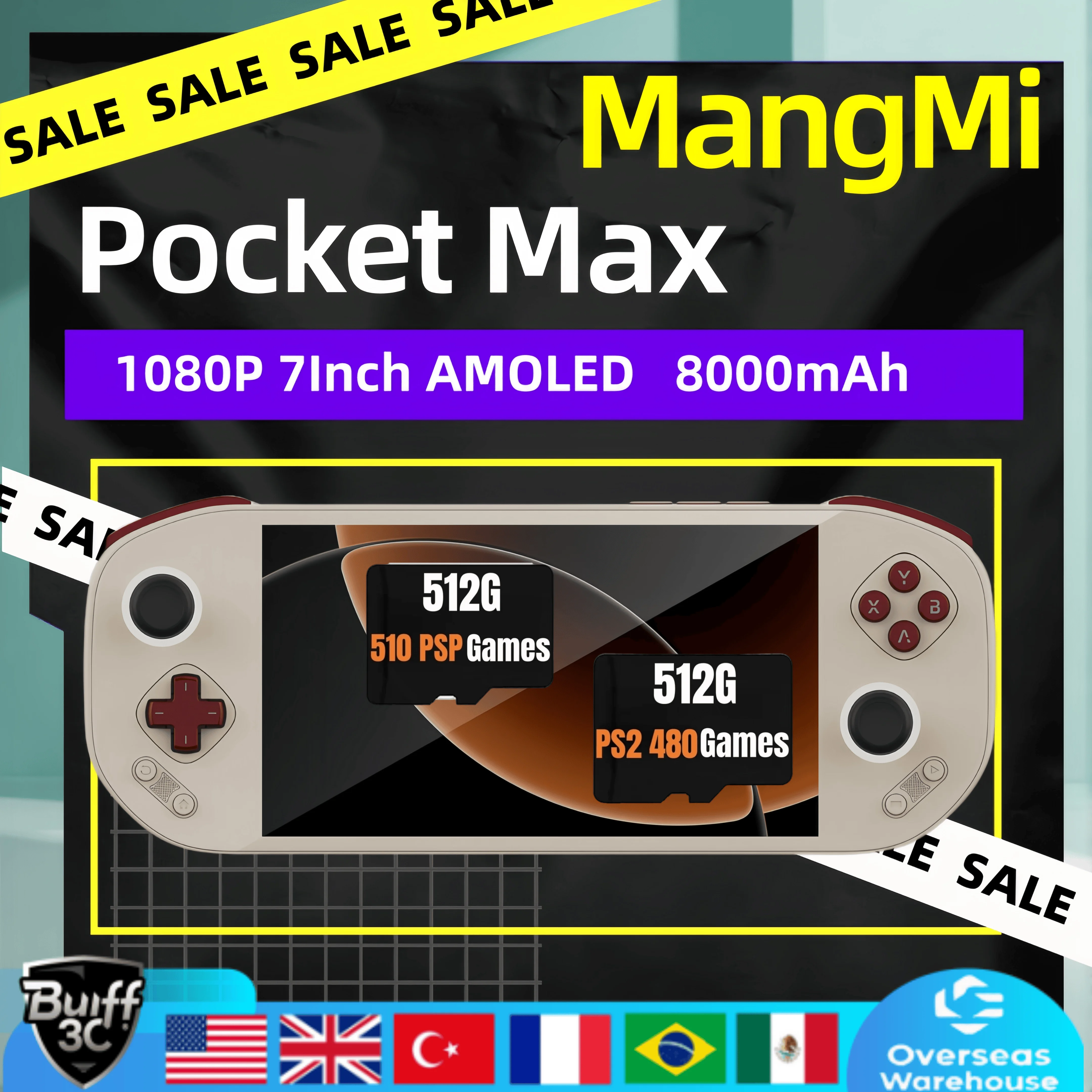 MANGMI POCKET MAX Handheld Game Console 7'' OLED 144Hz Screen Qualcomm SD865 Android13 PSP PS2 8000mAh Battery 27W Fast Charging