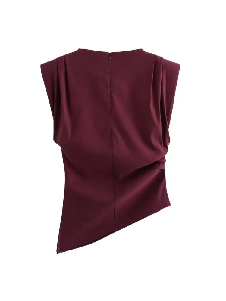 TRZA-Women\'s Asymmetric Blouses with Shoulder Pads, Sleeveless, Back Zipper, Female Shirts, Chic Tops, Fashion