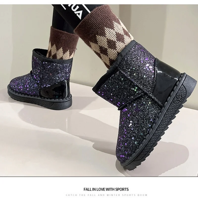 Bottes de neige en velours optique pour enfants, chaussures en coton à paillettes, bottes chaudes en peluche pour tout-petits, mode de rencontre,