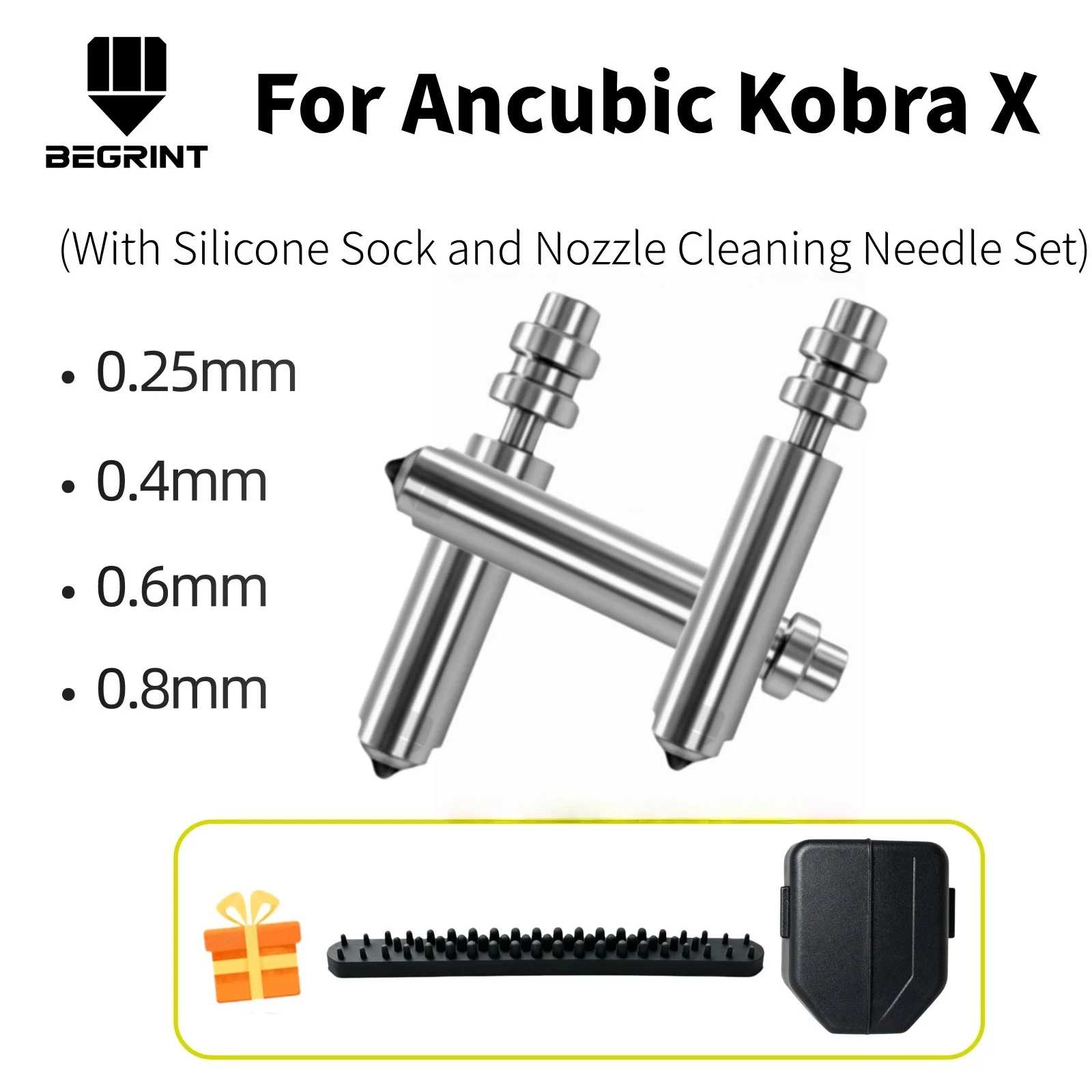 

One-piece Bimetal Nozzle 0.25-0.8mm Optional Sizes for Anycubic Kobra X 3D with Silicone Sock and Nozzle Cleaning Needle Set