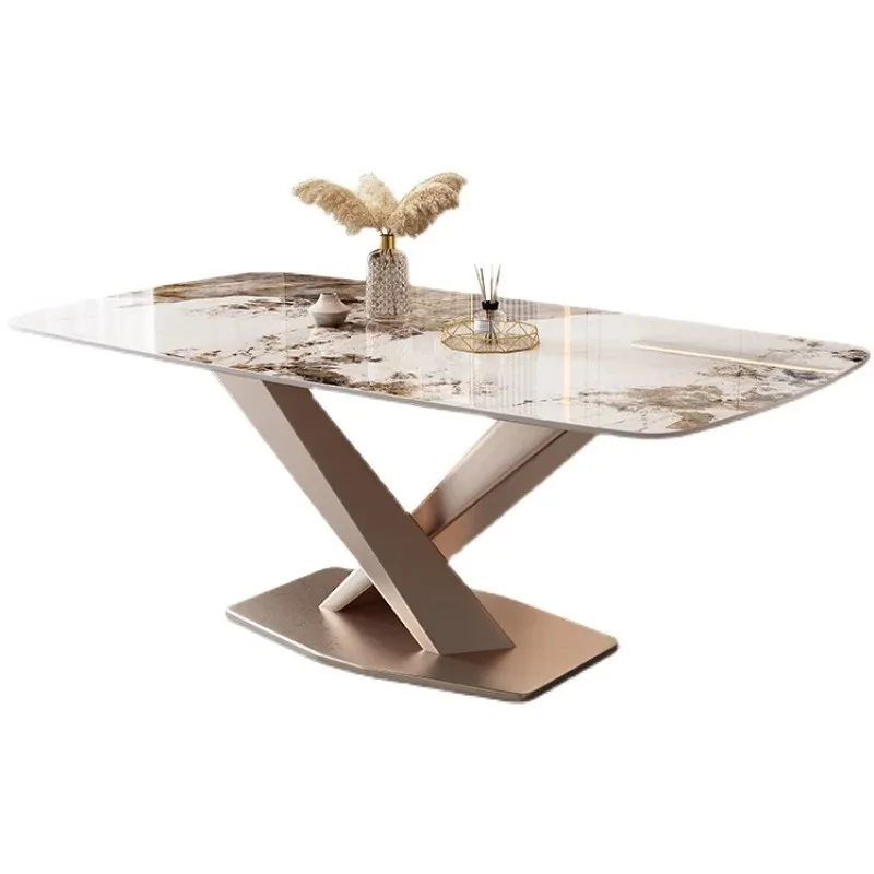 

Italian light luxury rock slab dining table and chair combination bright rectangular household small apartment western