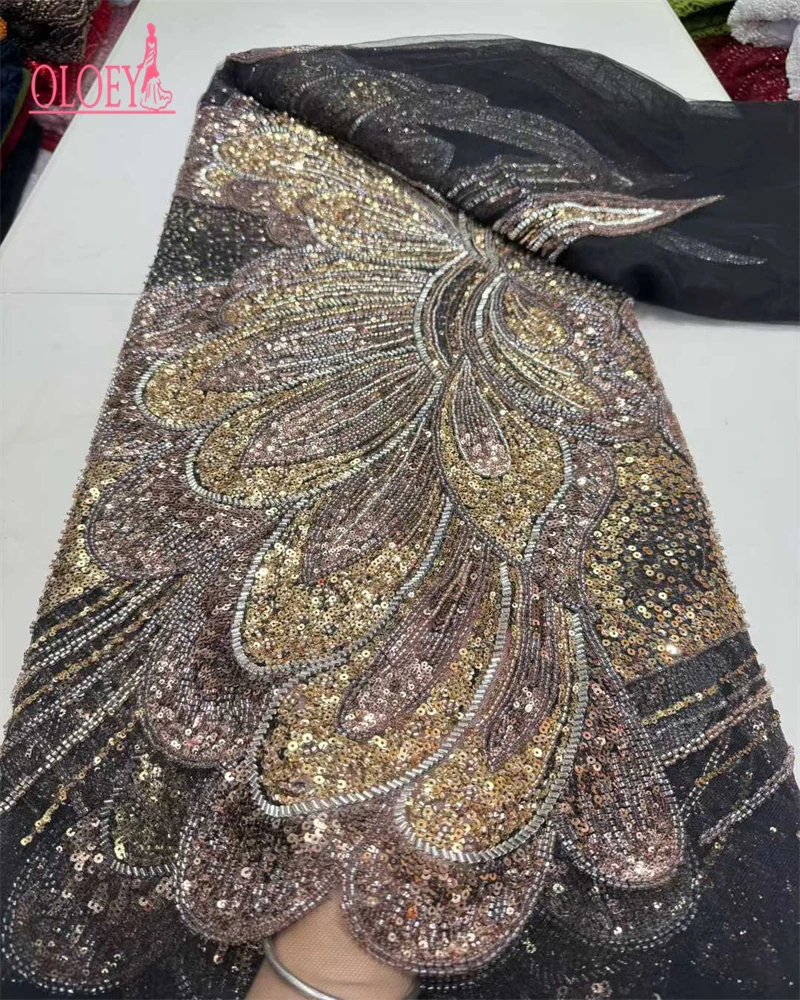 

OLOEY African Beads Lace Fabrics Latest Sequin Lace Fabric High Quality Lace Fabric Nigerian Wedding Dress For