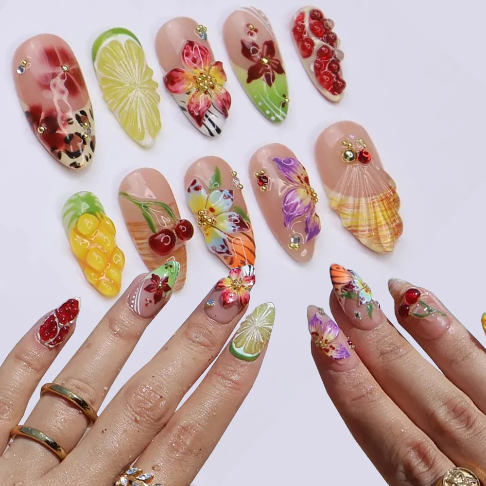 10pcs Tropical Fruit Flowers Women Press On Nails Colorful 3D Pineapple Cherry Gel False Nails Summer Nail Decoration Fake Nails
