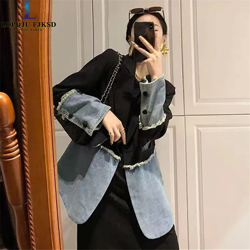 Women's Single Button Spliced Blazers, Elegant, Loose, Casual, Long Streak Coats, Female Clothing, Spring, Autumn, 2024