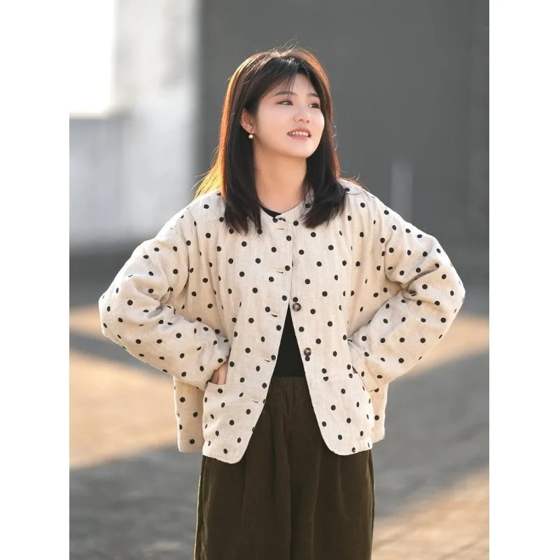 

Cotton Linen Short Outerwear Top Polka Dot Commute Slimming Artistic Women's Autumn Winter Clothes Single Button Closure