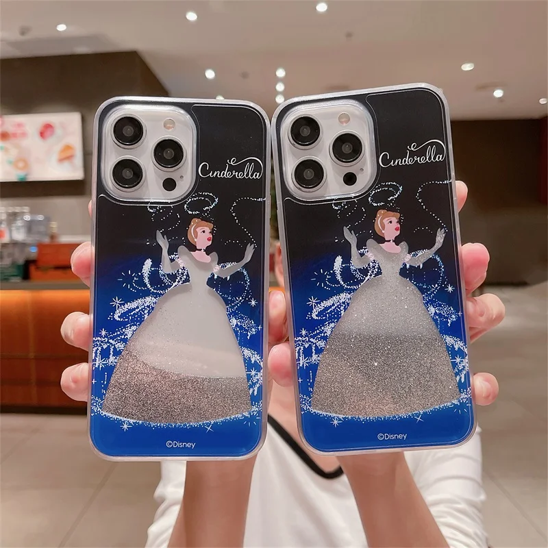 Luxury Disney Cinderella Girl Liquid Quicksand Phone Case For iPhone 11 12 13 14 15 16 Pro Max X XS XR Cartoon Shockproof Cover