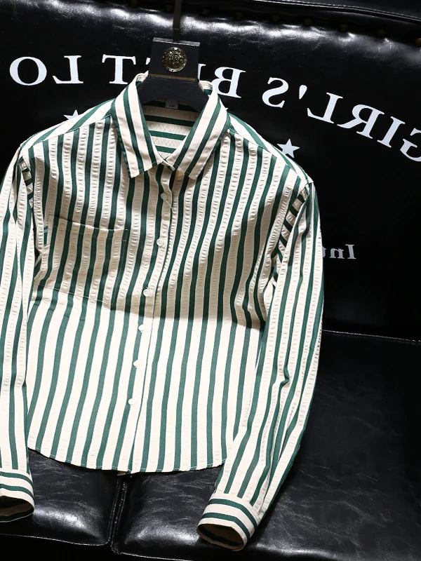 

Spring Faion Men's Busin Casual Print Long Sve irt Striped Color Blo Turn-down Collar Versatile Sli Top