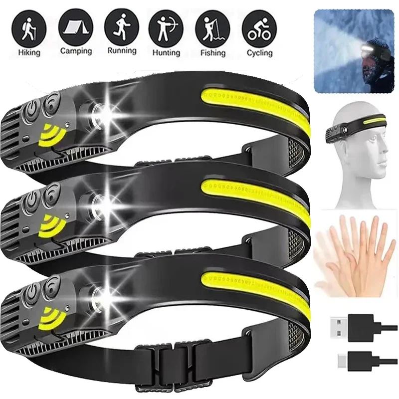 

Индукционный Головной фонарь с COB матрицей, Головной фонарь с аккумулятором на 230 °, суперъяркий водонепроницаемый, с зарядкой от USB, для охоты, кемпинга