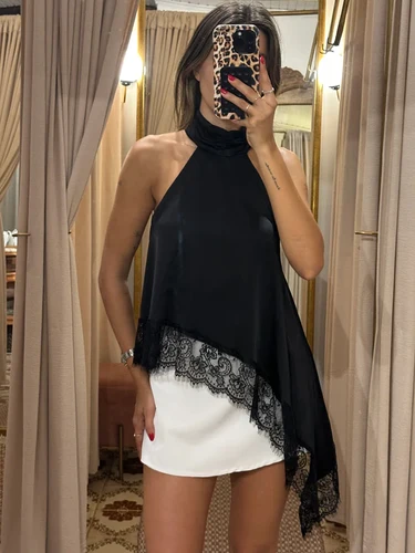 Imagen 1 del producto Nuevo chaleco sin mangas de satén negro elegante de talla grande con cuello Halter, Top coreano Popular con dobladillo asimétrico de encaje de talla grande, ropa de mujer