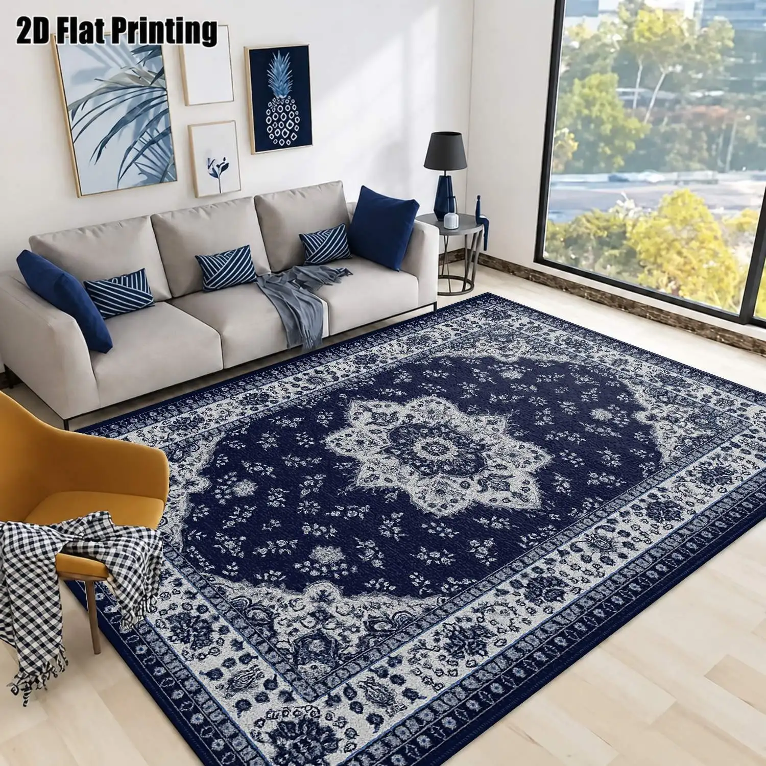 1Pc 2D Printed Carpet: Blue White Floral Geometric Pattern, European/Retro/Bohemian Style, Home Decor, Machine Washable, Multiple Sizes for Living Room, Bedroom, Dining Room, Entryway, Study