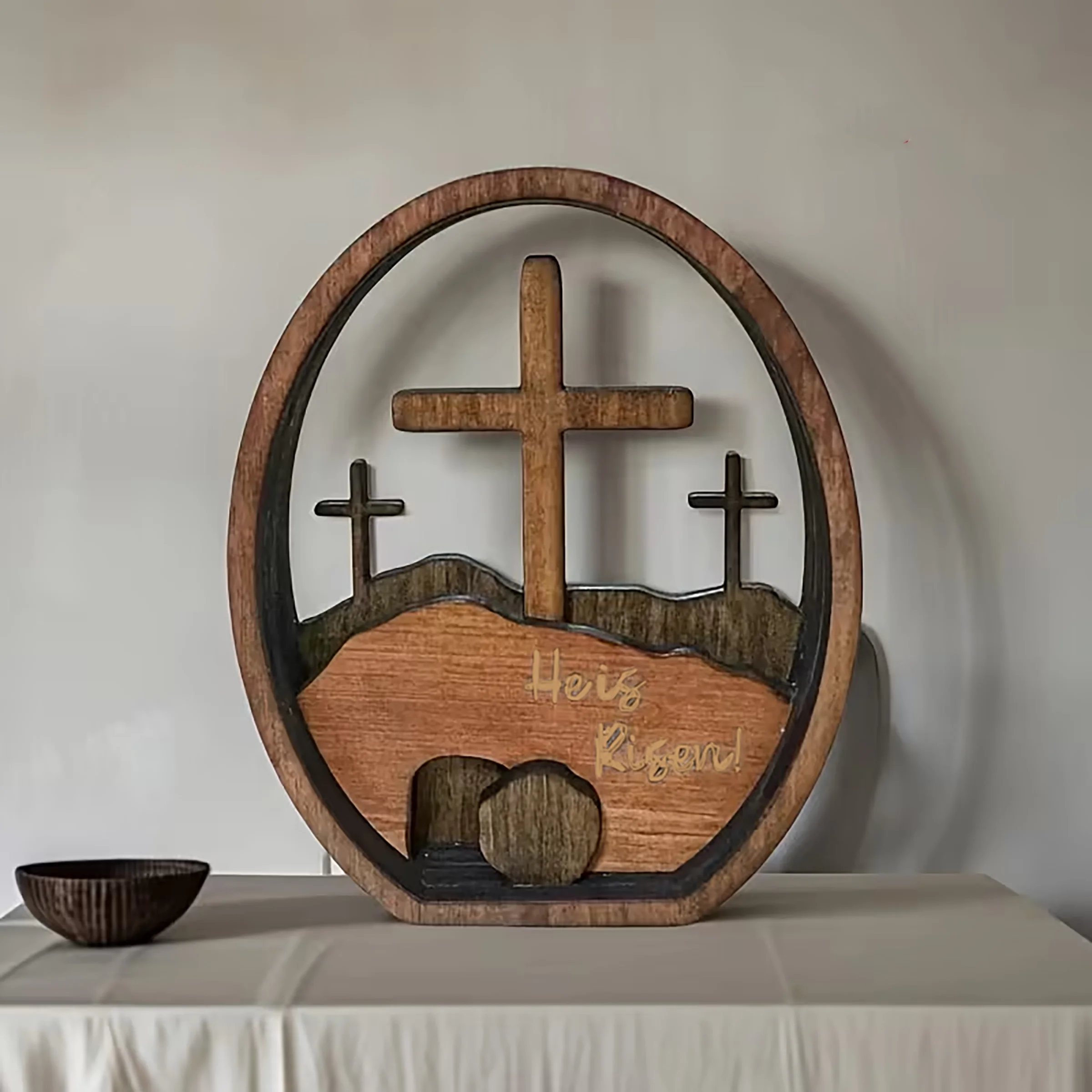 Empty Tomb Easter Scene and Cross 3D Decoration, Wooden Easter Resurrection Scene Cross Jesus Tomb Tray, Jesus Nativity Scene