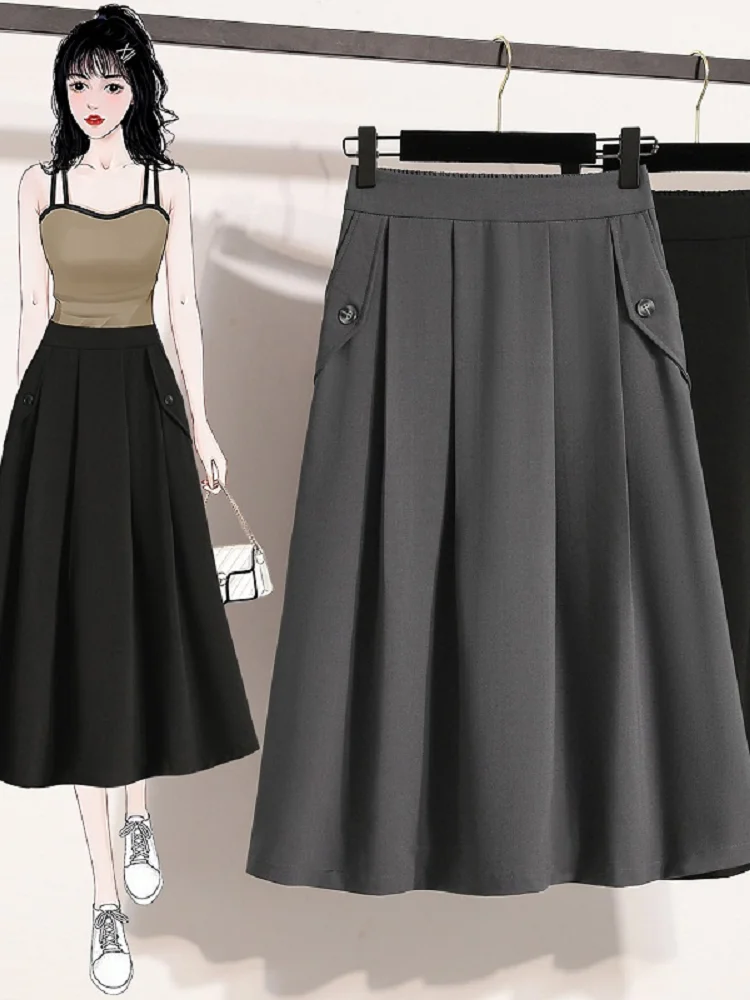 Women temperament pleated half skirt spring new high waist and drooping feeling slimming solid color commute suit skirt