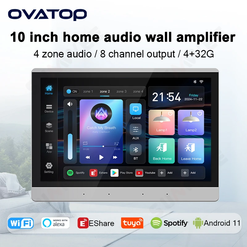 10 Inch Adroid11 4 + 32G Tuya smart 4 zone Ingebouwde Klasse-D 8X30W Alexa Home Audio Bluetooth WIFI Theater In Muurversterker