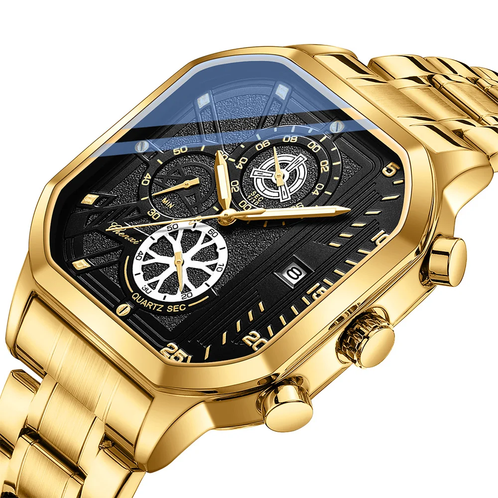 CHENXI Watches For Man Multifunctional Men's Watch Calendar Waterproof Gold Stainless Steel Strap Square Quartz Wristwatch Gift