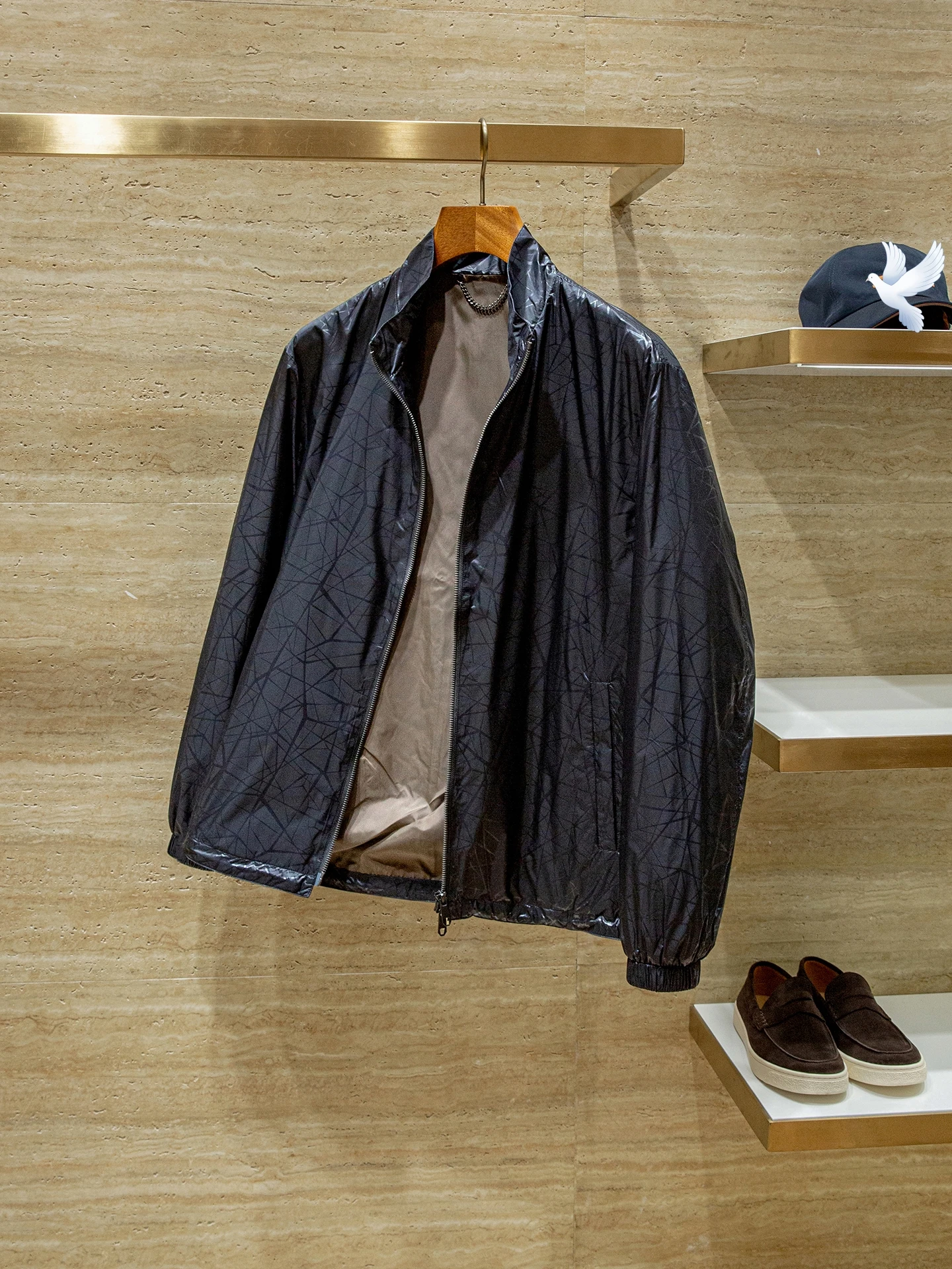 

Ripstop Water-Repellent Tech Jacket for Men - Geometric Jacquard Stand Collar Coat, Casual Urban Outerwear Signature Edition