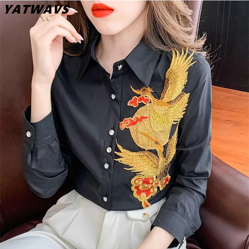 

New Streetwear European Women Shirt Clothes Luxury Hot Diamonds Gold Embroidery Slim Tops Single Breasted Long Sleeve Blouse