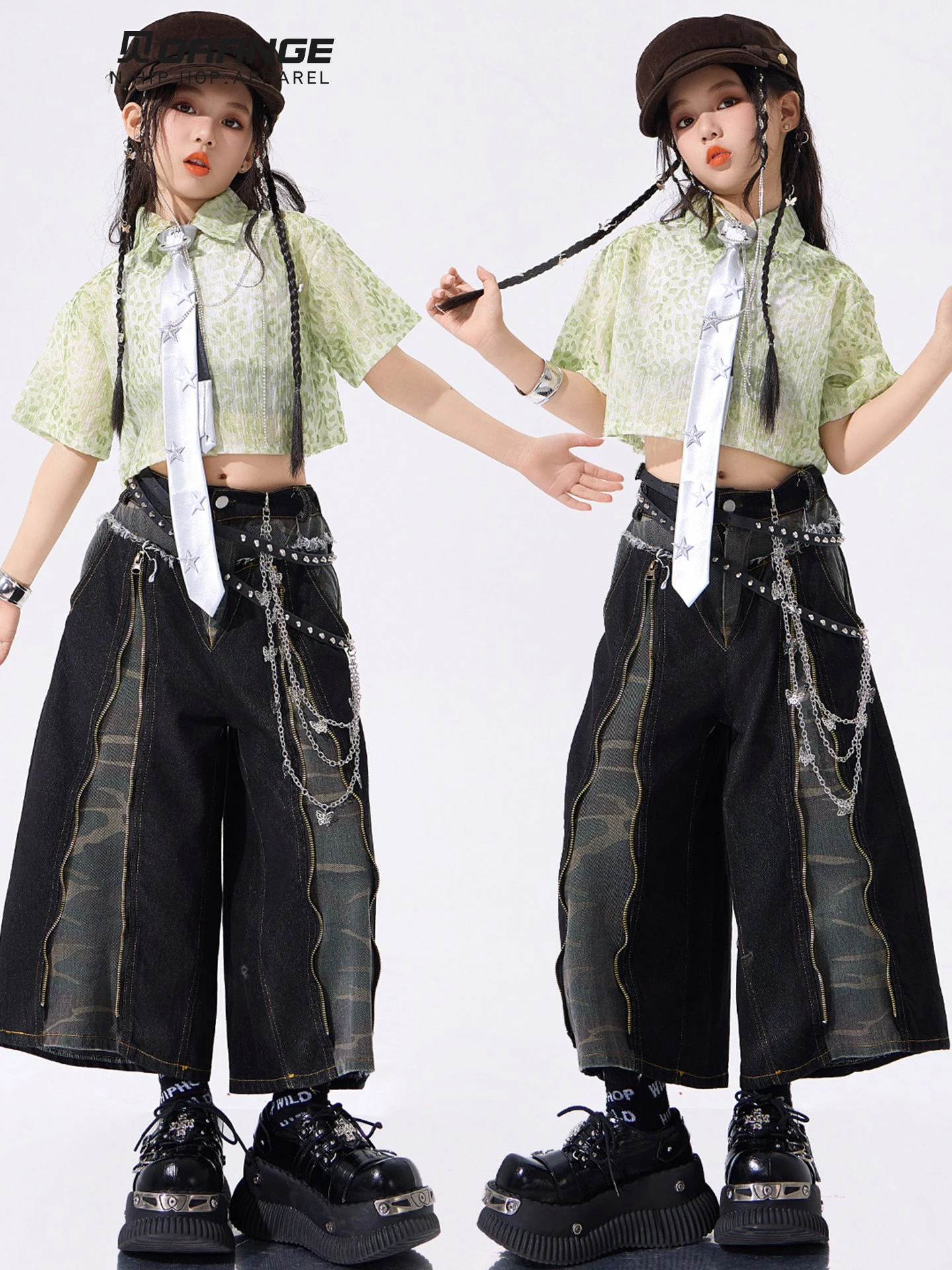 Girls Jazz Costume Green Short Shorts Fashion Zipper Cropped Pants Kids Catwalk Concert Outfits Performance Suit Summer BL18699