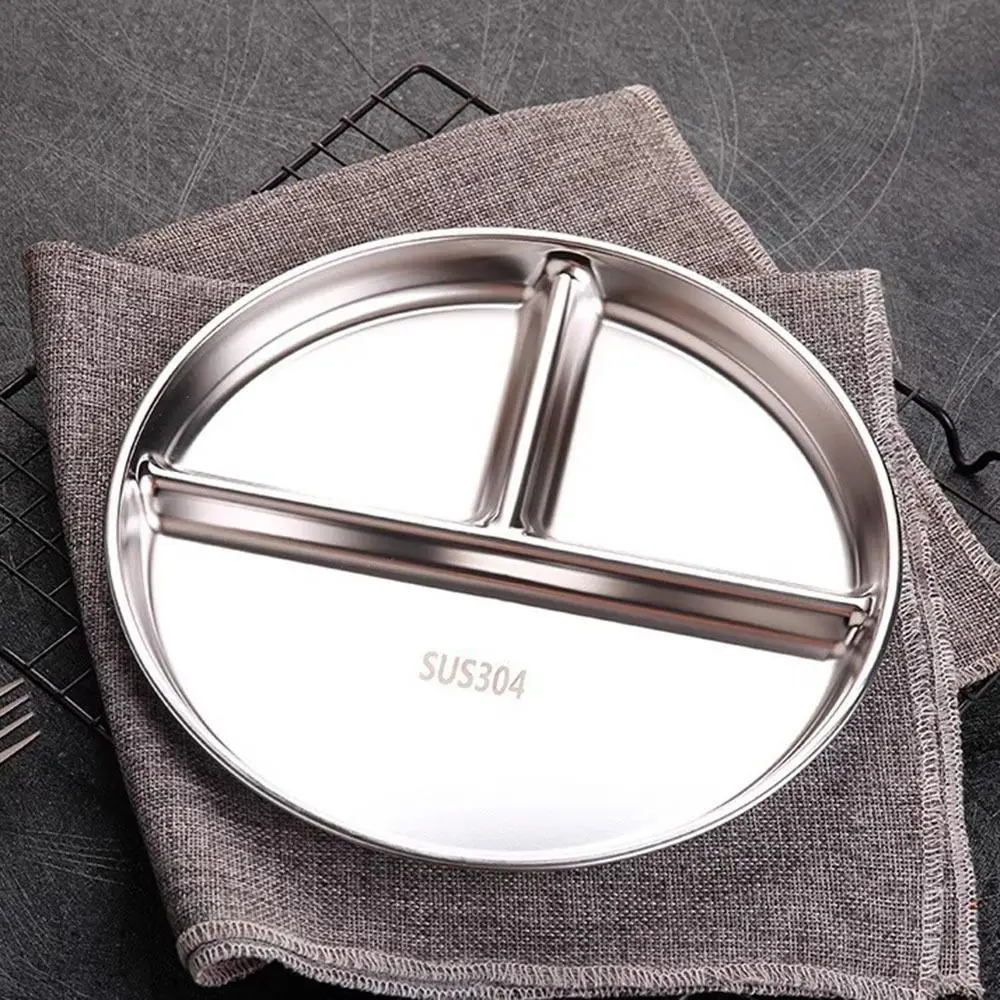 Plato de Control de porciones irrompible, platos de cena divididos reutilizables de acero inoxidable 304, bandeja de comida redonda de 3 compartimentos para dieta equilibrada