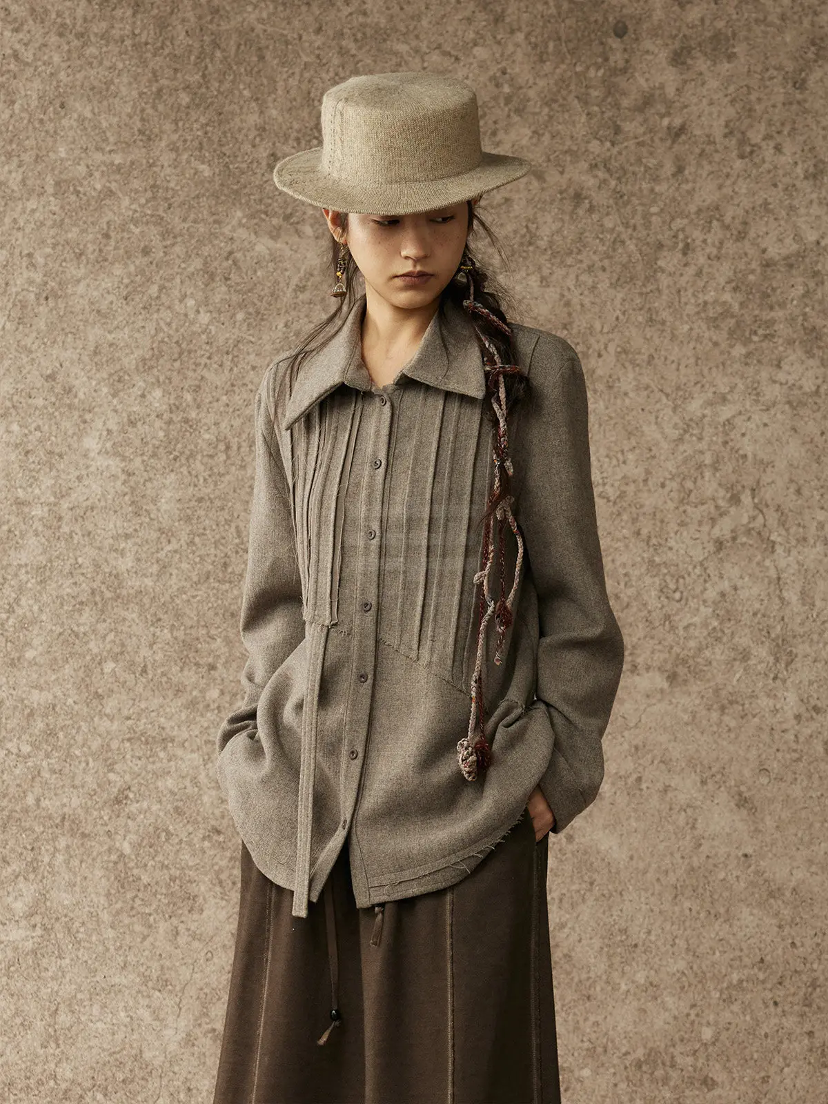 

alpa Lew Handmade Accordion Pleat Wool irt Striped Patchwork Straight Cut Long Sve Button up Fem Faion