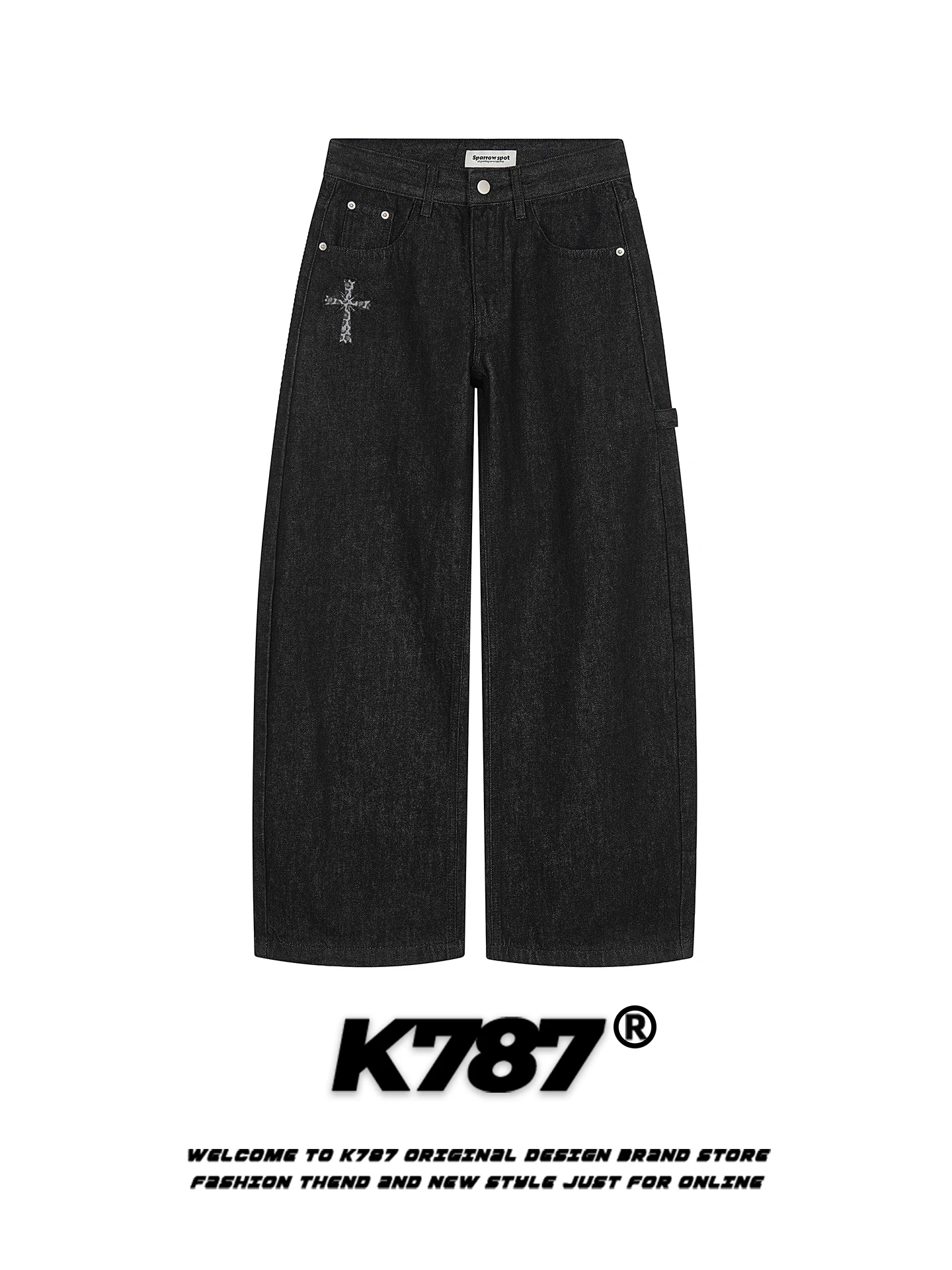 

K787 American Retro Leopard Print Cross Denim High Waist Straight Leg Loose Fit Long Trousers for Men And Women Casual Jeans