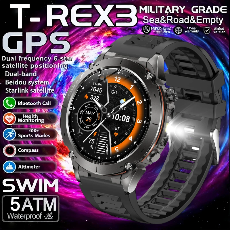 

New T-Rex 3 GPS Smart Watch 1.43" AMOLED 10ATM Waterproof Built-in Dual-band GNSS Compass Military Sport Smartwatch Men Bracelet