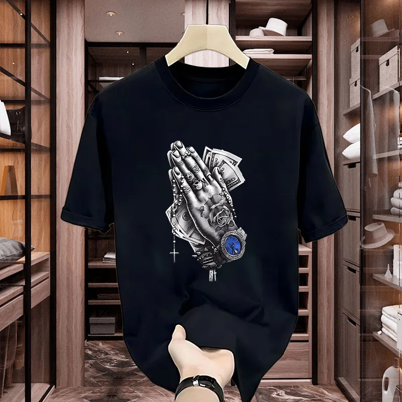 

Heavy 100% Cotton Trendy Brand Printed T-shirt for Men 2025 New Summer Trend Casual Breathable Round Neck Short-sleeved Top