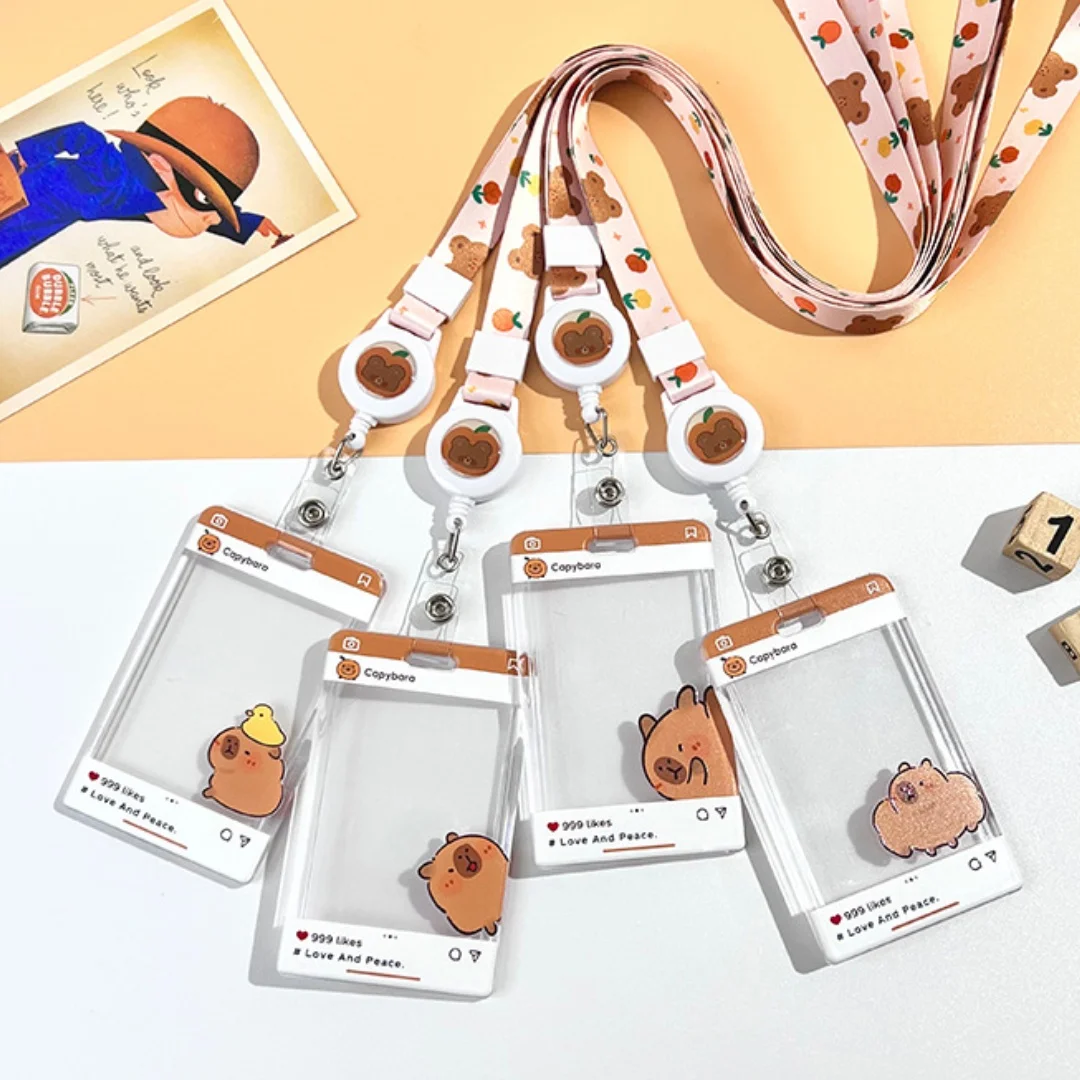 Transparent Photo ID Card Cover Cute Capybara Card Holder with Elastic Cord Portable Photocard Protective Case Fashionable