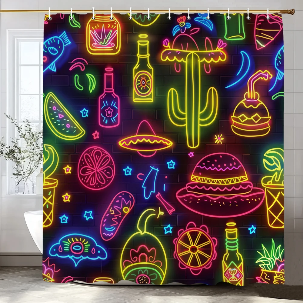 

Креативная флуоресцентная неоновая занавеска для душа с мультяшным рисунком, декоративная занавеска для ванной комнаты, домашняя занавеска для душа с крючками