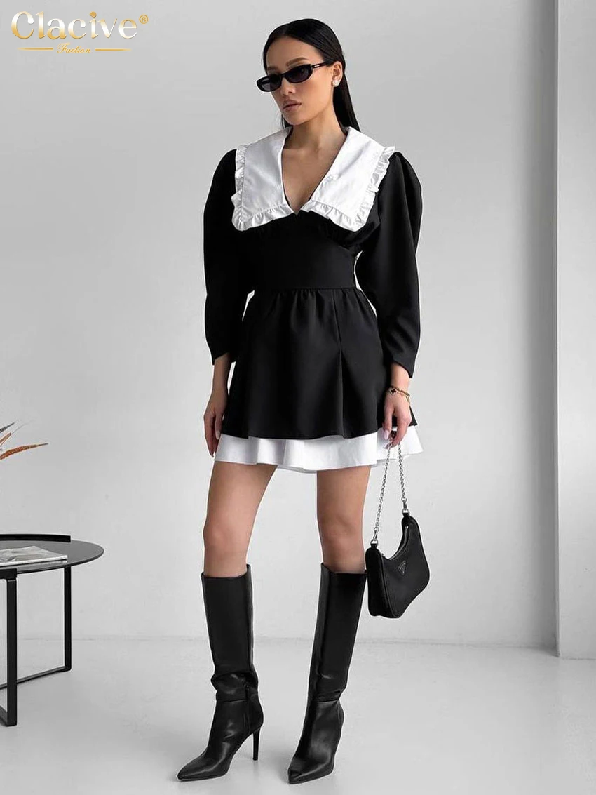 Clacive Fashion Black Patchwork Women\'s Dress Elegant Lapel Long Sleeve Office Lady Mini Dresses Casual High Waist Female Dress