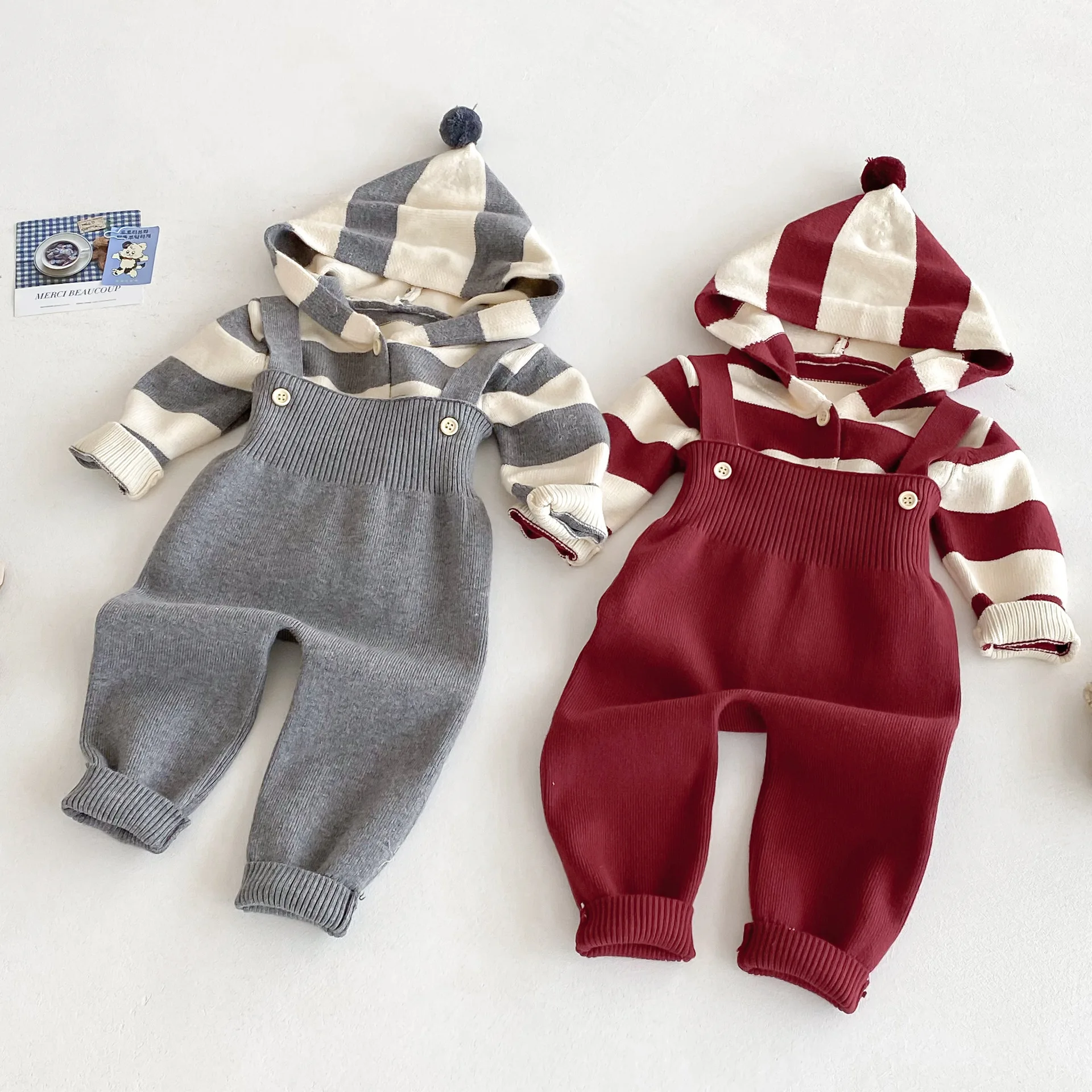 

Baby Knit 2-Piece Outfit Striped Hooded Sweater & Solid Overalls Knitted Set Autumn Winter Warm 0-2 Years Baby Clothes