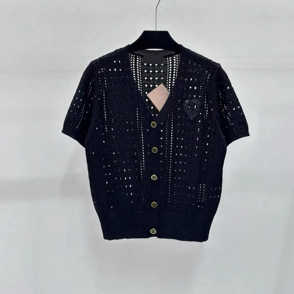 Cárdigan de punto liso con diamantes para mujer, ropa de verano, manga corta, cuello en V suelto, Tops de punto calados