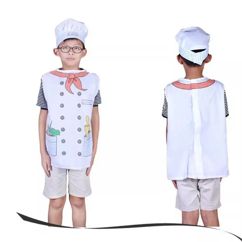 Cartoon Pattern Kids Toy Chef Uniform with Cap Cosplay Kids Cooking Toy Clothes Role Play White Kitchen Playing House Toy Gift